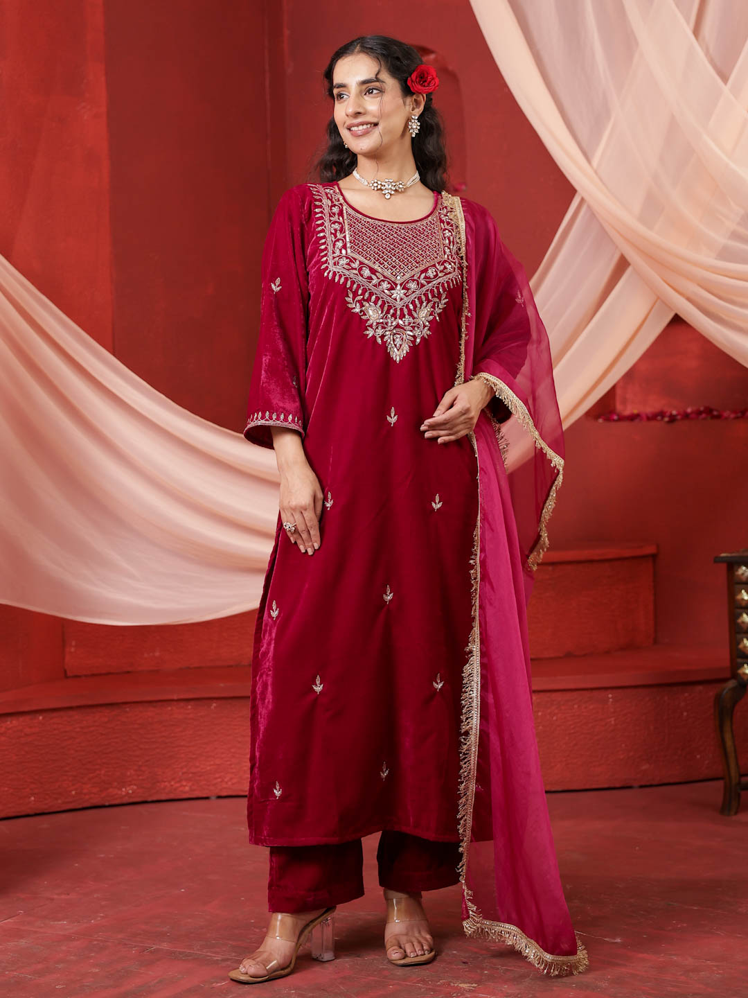CHERRY RED VELVET HANDWORK SUIT SET