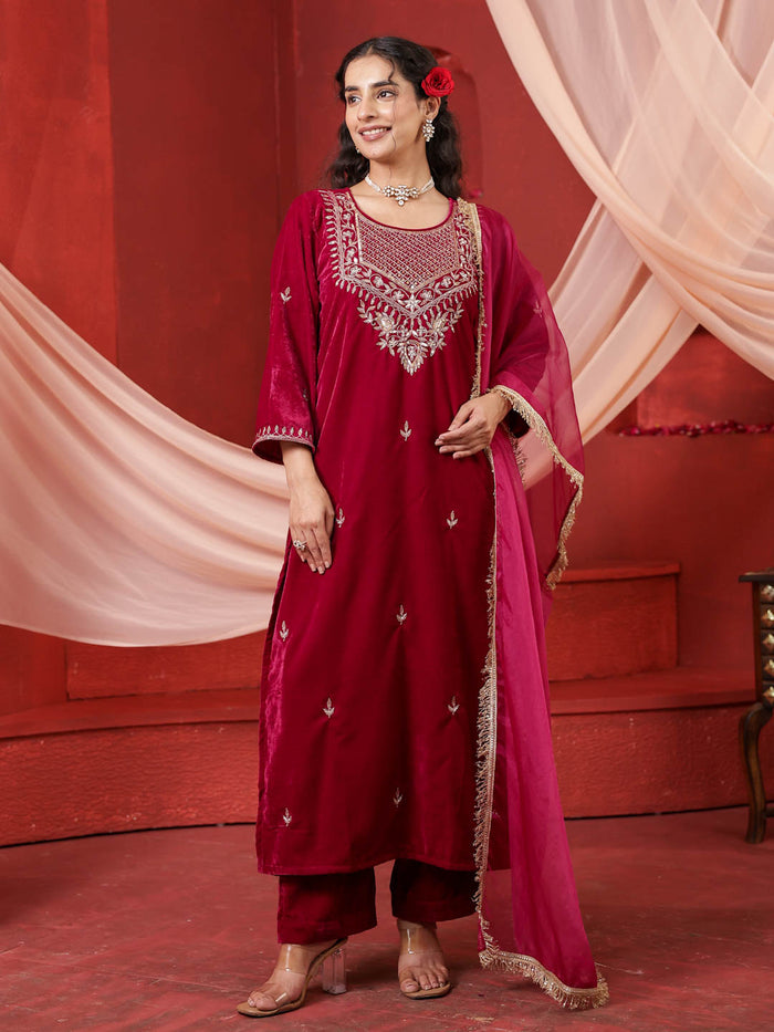 CHERRY RED VELVET HANDWORK SUIT SET