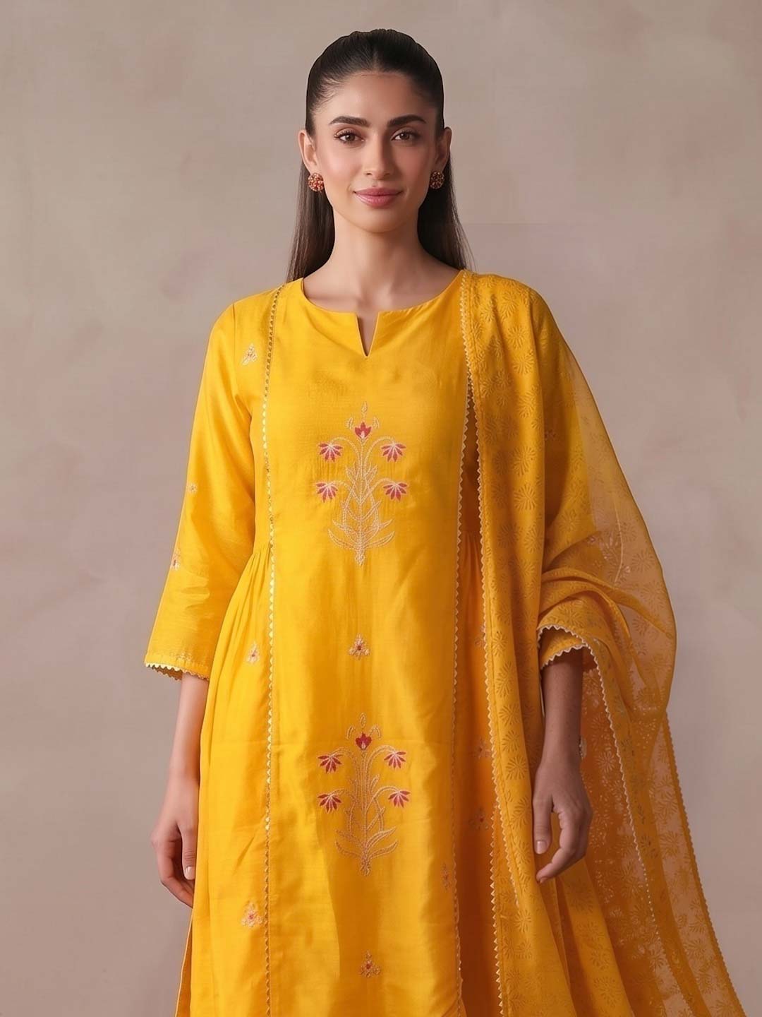 YELLOW CHANDERI SUIT SET WITH PITTAN WORK