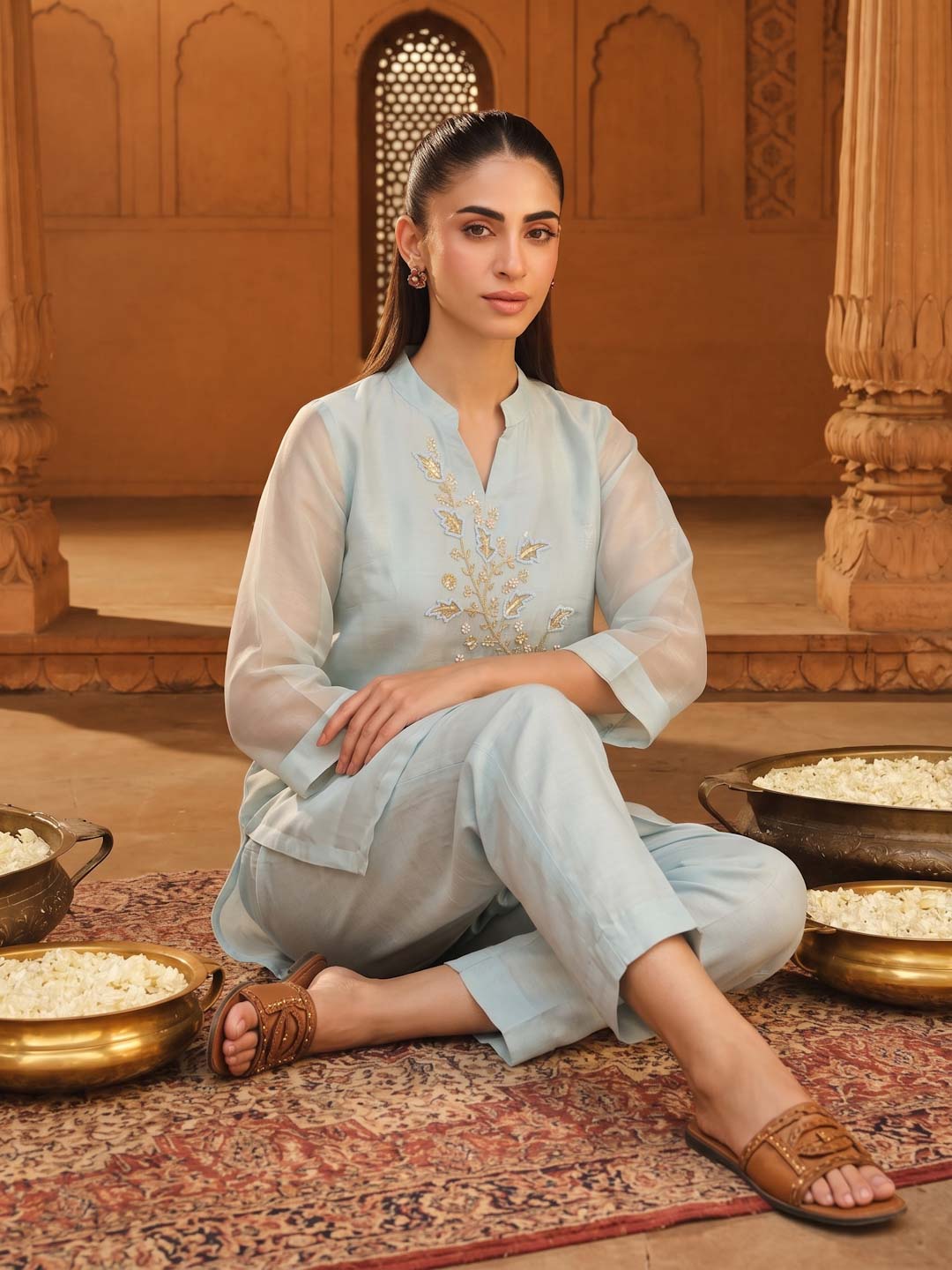 BLUE SHIMMER ORGANZA HANDWORK CO-ORD SET