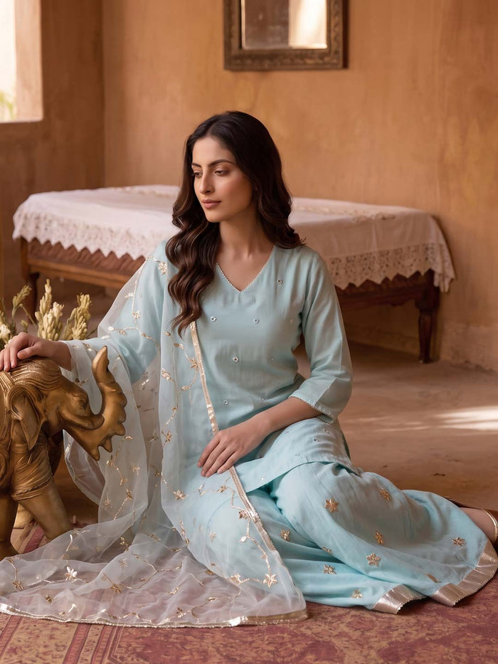 POWDER BLUE CHANDERI PALAZZO SET WITH ORGANZA DUPATTA