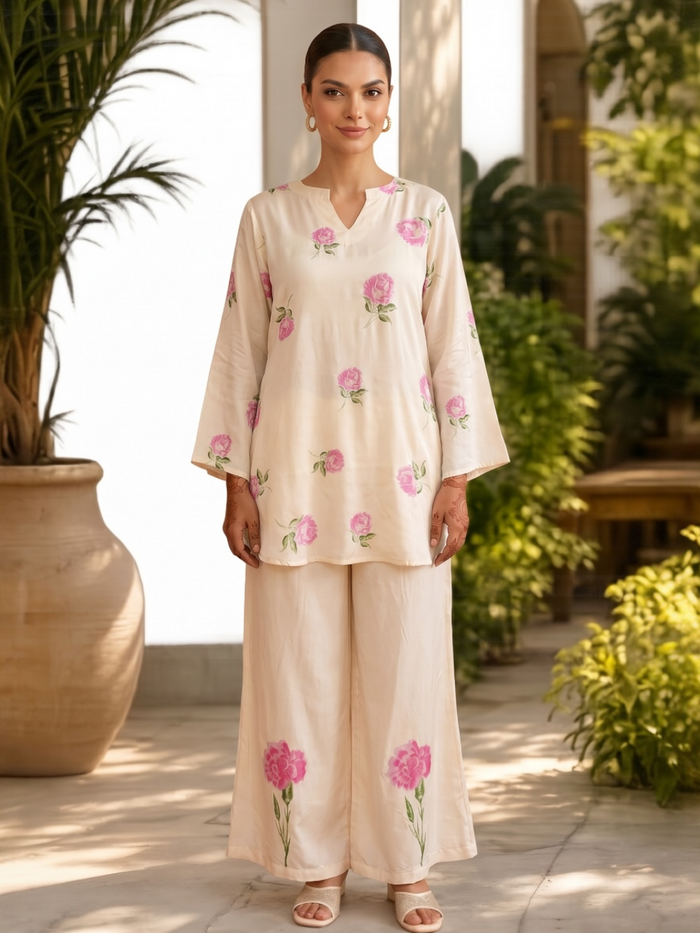 WHITE ROSE PRINT SHANTUNG SILK CO-ORD SET