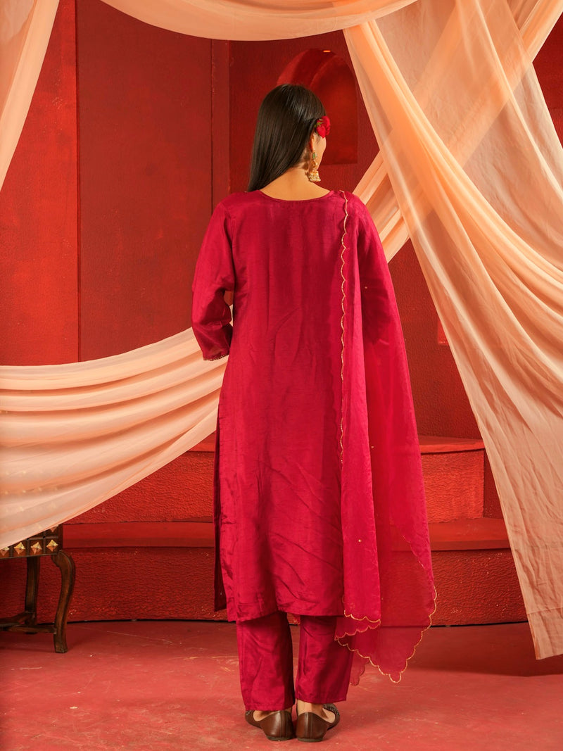 RASPBERRY SUIT SET WITH HANDWORK AND ORGANZA DUPTTA