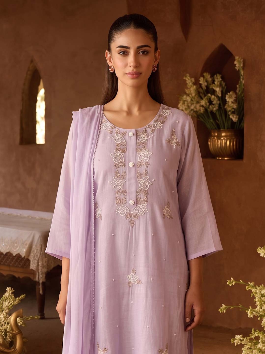 LILAC CHANDERI HANDWORK SUIT SET WITH ORGANZA DUPATTA