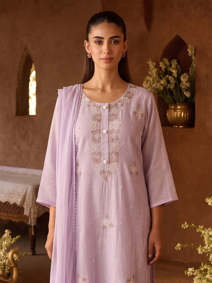 LILAC CHANDERI HANDWORK SUIT SET WITH ORGANZA DUPATTA