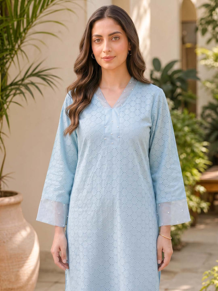 BLUE SCHIFFLI KURTA SET WITH PEARL WORK