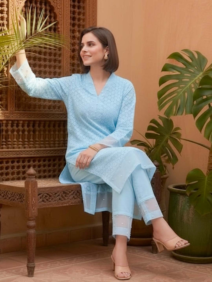 BLUE SCHIFFLI KURTA SET WITH PEARL WORK