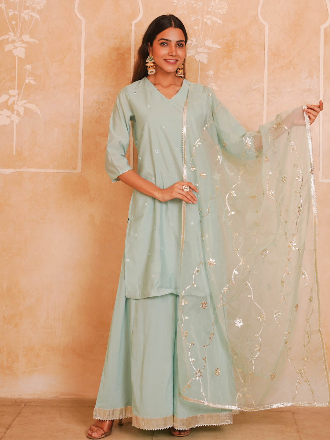 POWDER BLUE CHANDERI SHARARA SET WITH ORGANZA DUPATTA