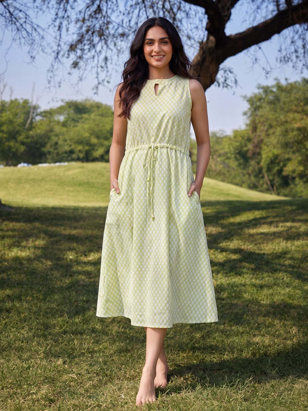 YELLOW & WHITE HANDBLOCK CUT SLEEVES DRESS WITH LINING