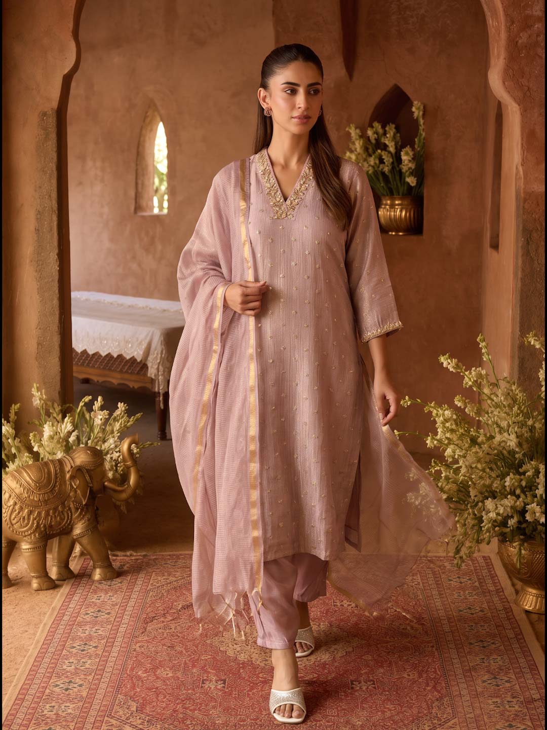 MAUVE TISSUE HANDWORK SUIT SET