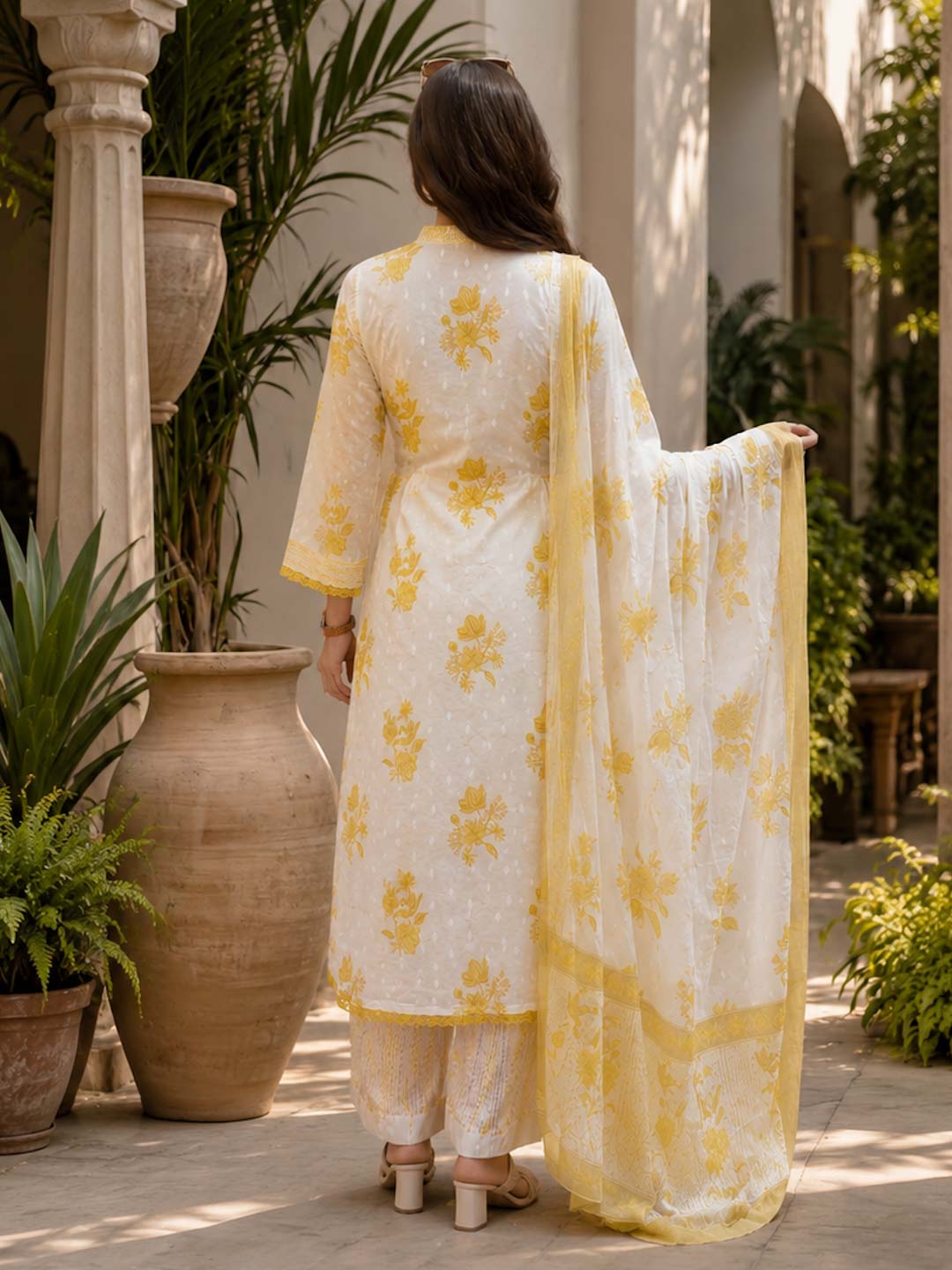 YELLOW & WHITE SUIT SET WITH SEQUENCE WORK