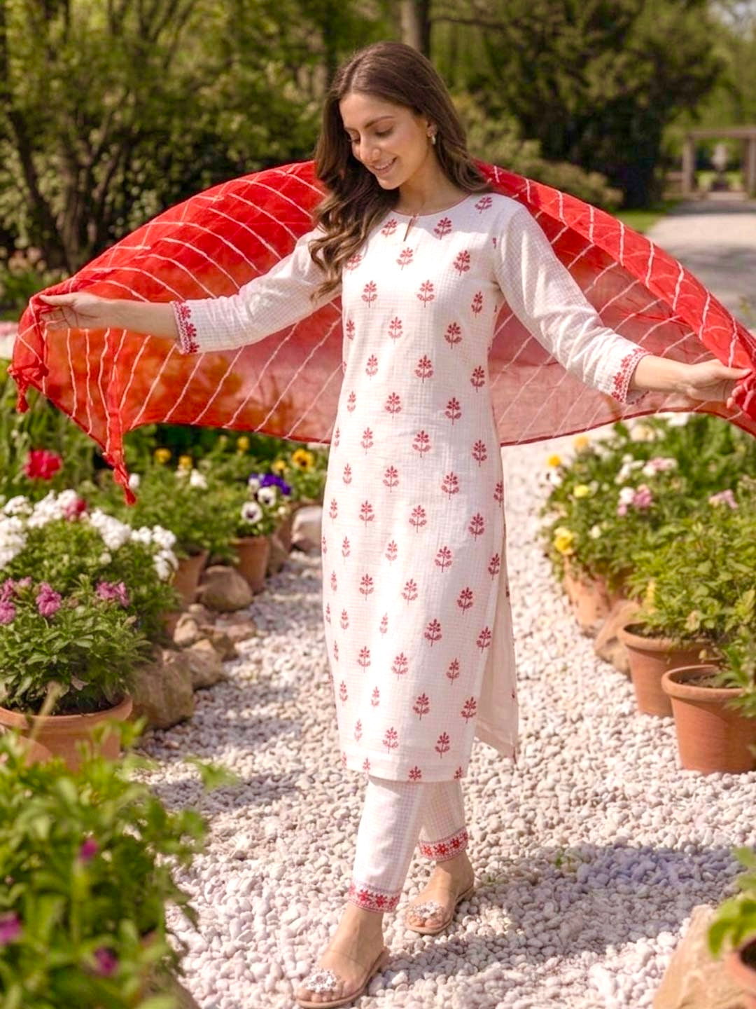 WHITE & RED KOTA DORIA SUIT WITH LEHERIYA DUPATTA