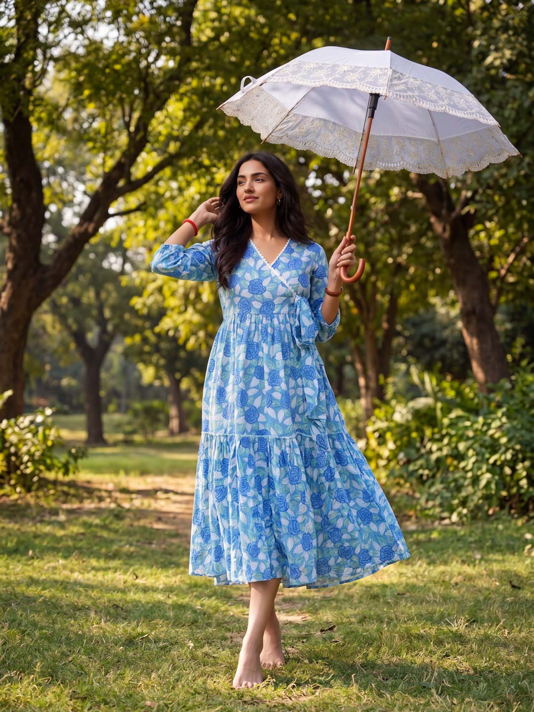 BLUE FLORAL HANDBLOCK COTTON DRESS