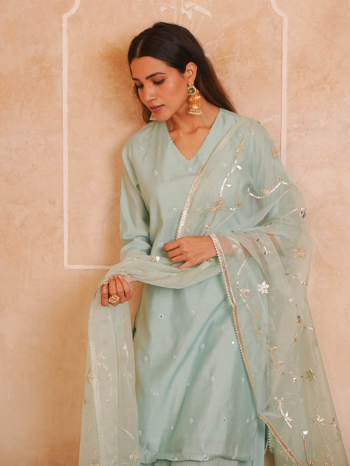 POWDER BLUE CHANDERI SHARARA SET WITH ORGANZA DUPATTA