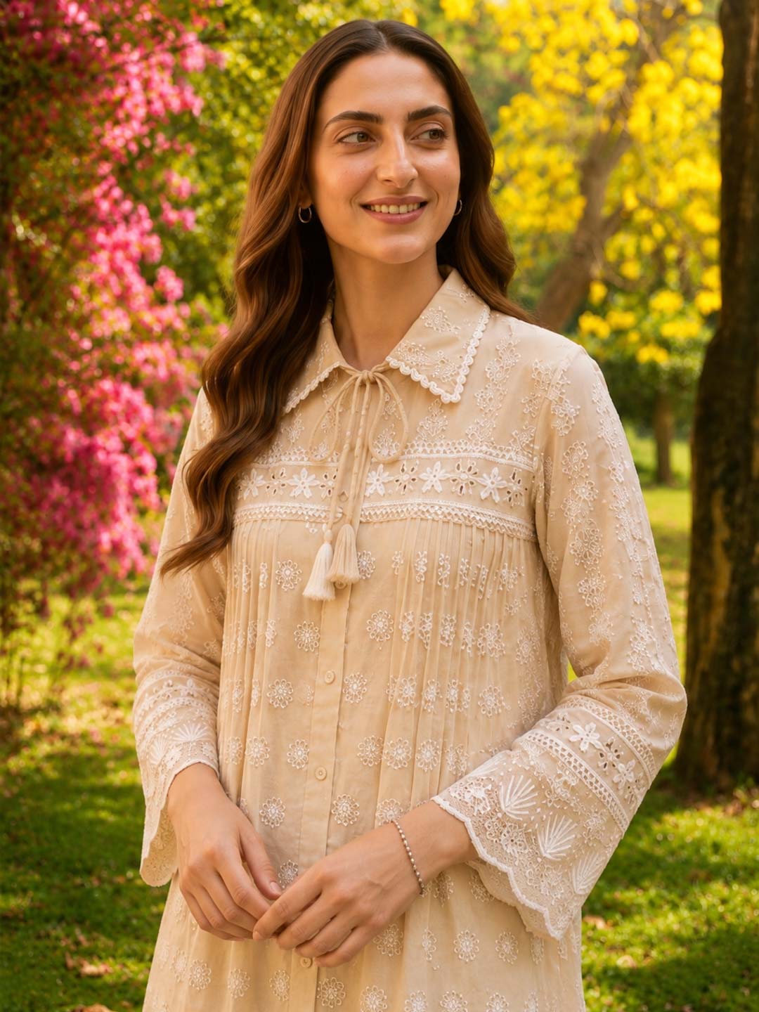 BEIGE & WHITE MUL COTTON EMBROIDERED CO-ORD SET
