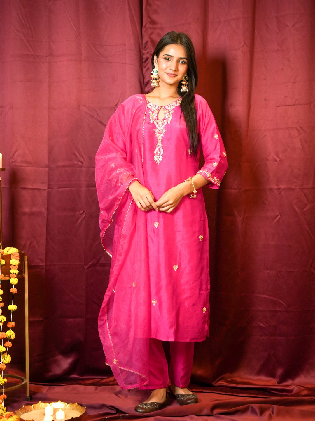 MAGENTA HANDWORK SUIT SET WITH ORGANZA DUPATTA