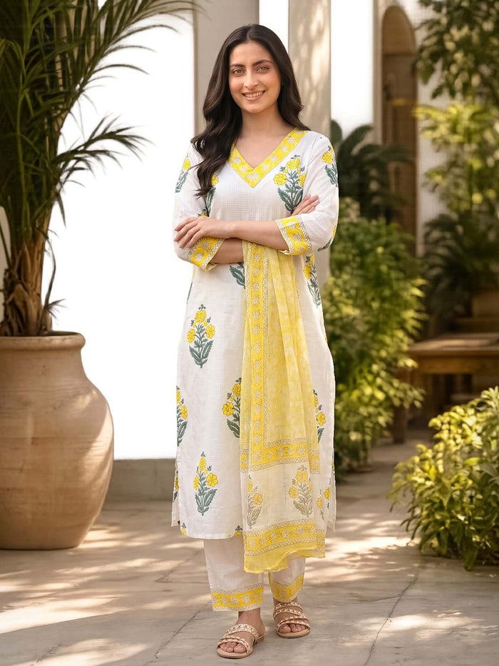 YELLOW & WHITE KOTA DORIA SUIT SET WITH KOTA DUPATTA