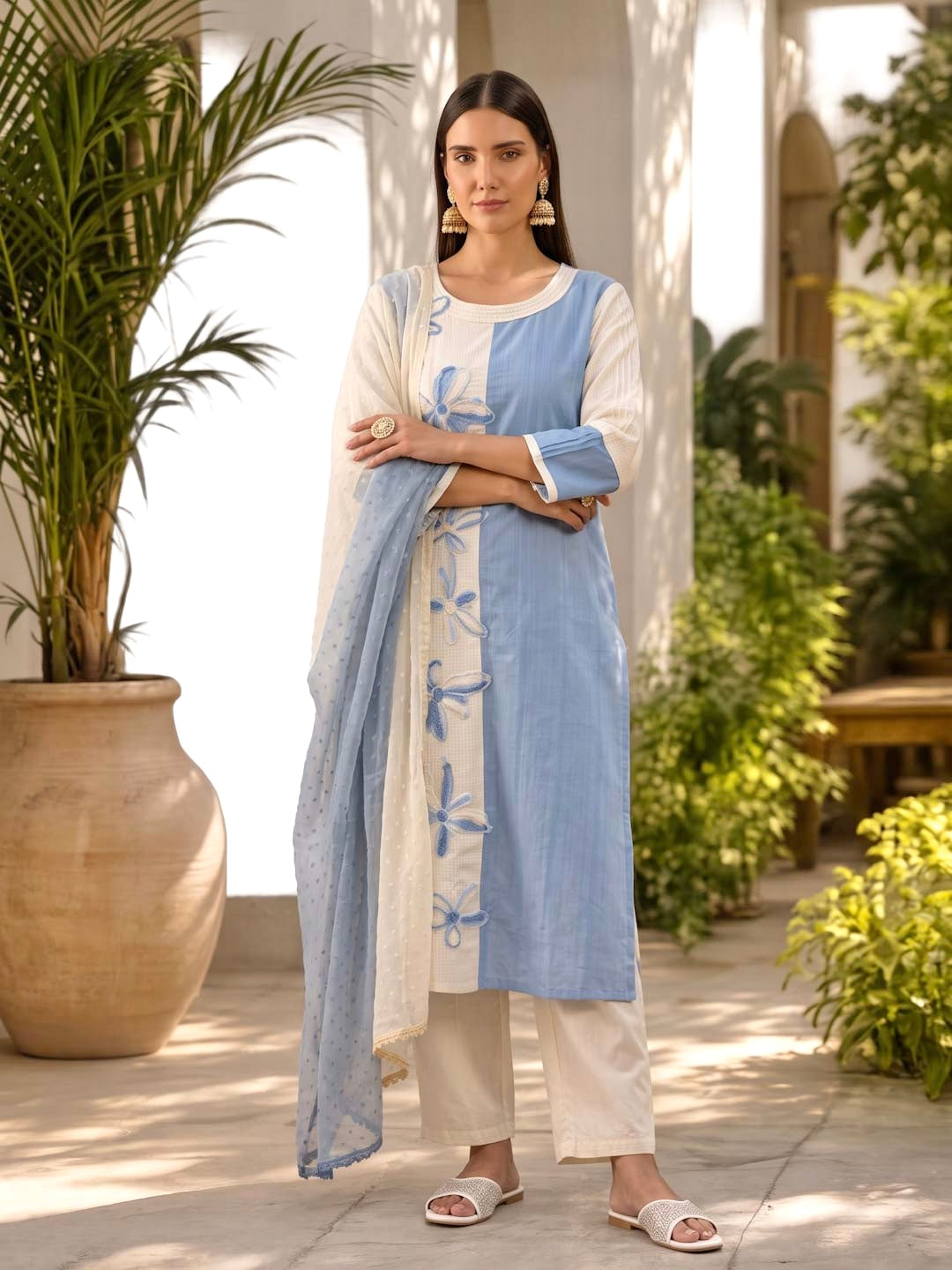 BLUE & CREAM HANDWORK & EMBROIDERED SUIT SET