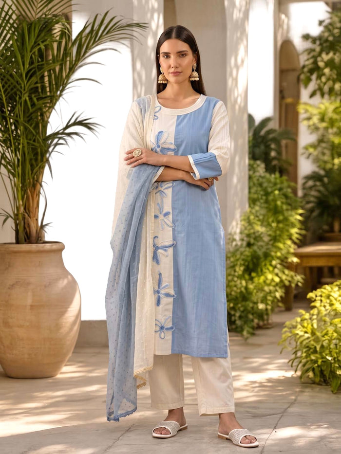 BLUE & CREAM HANDWORK & EMBROIDERED SUIT SET
