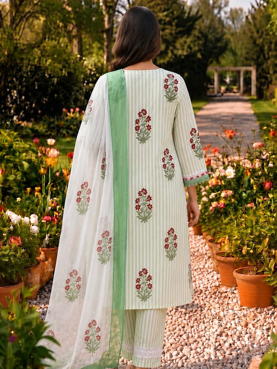GREEN & WHITE COTTON HANDBLOCK SUIT SET WITH LACE WORK