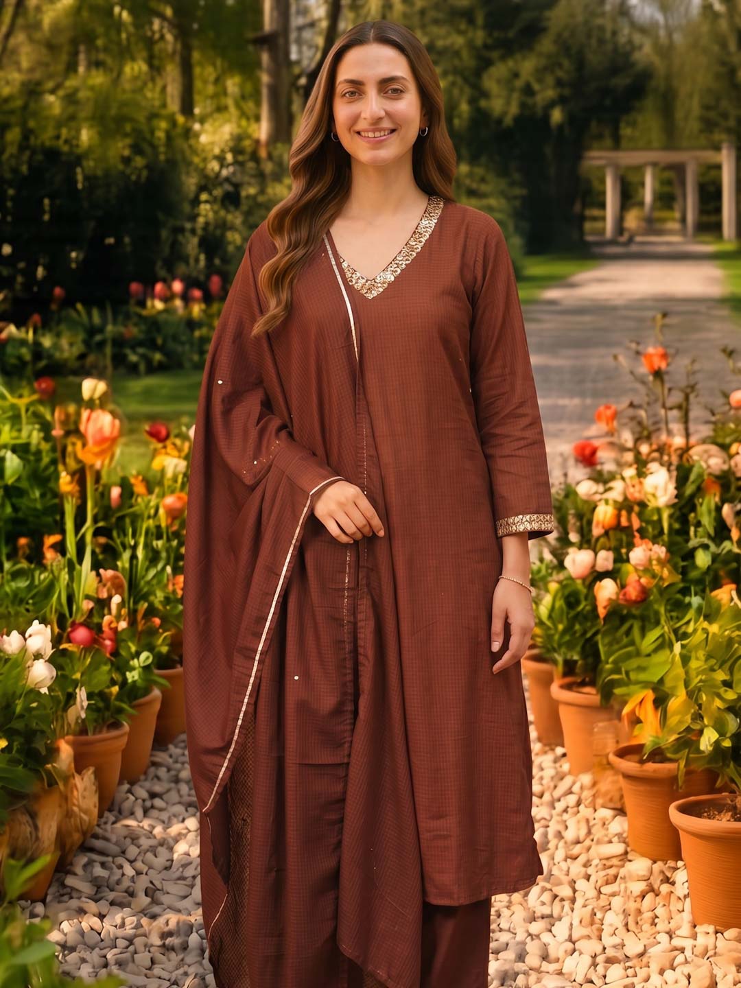 MOCHA BROWN KOTA DORIA SUIT SET WITH SEQUENCE WORK