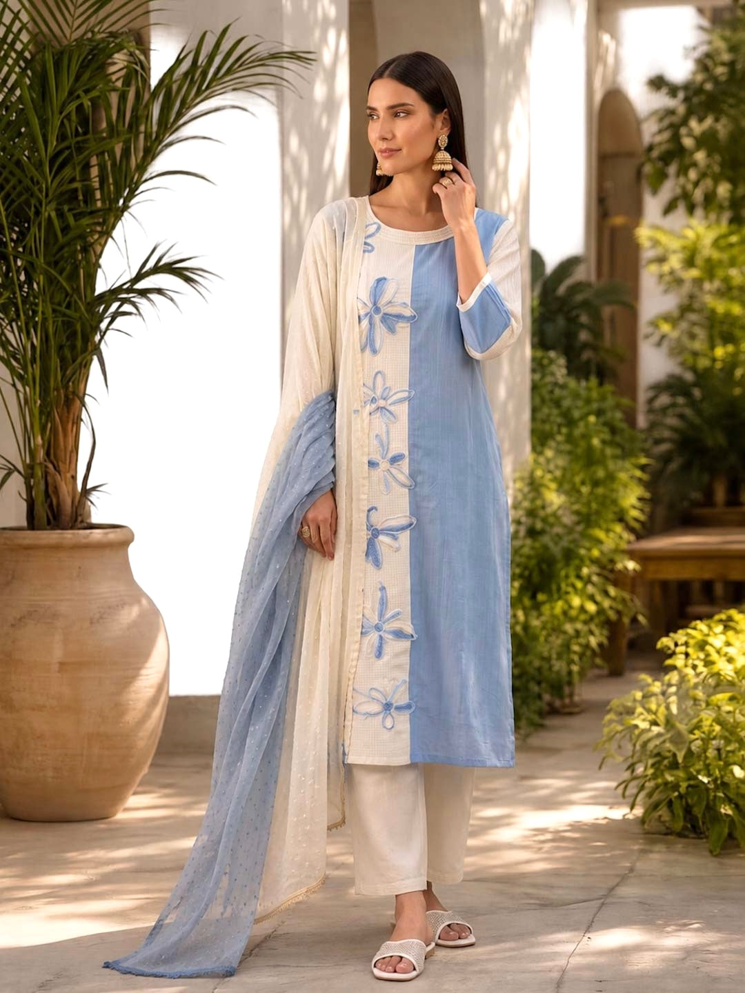 BLUE & CREAM HANDWORK & EMBROIDERED SUIT SET