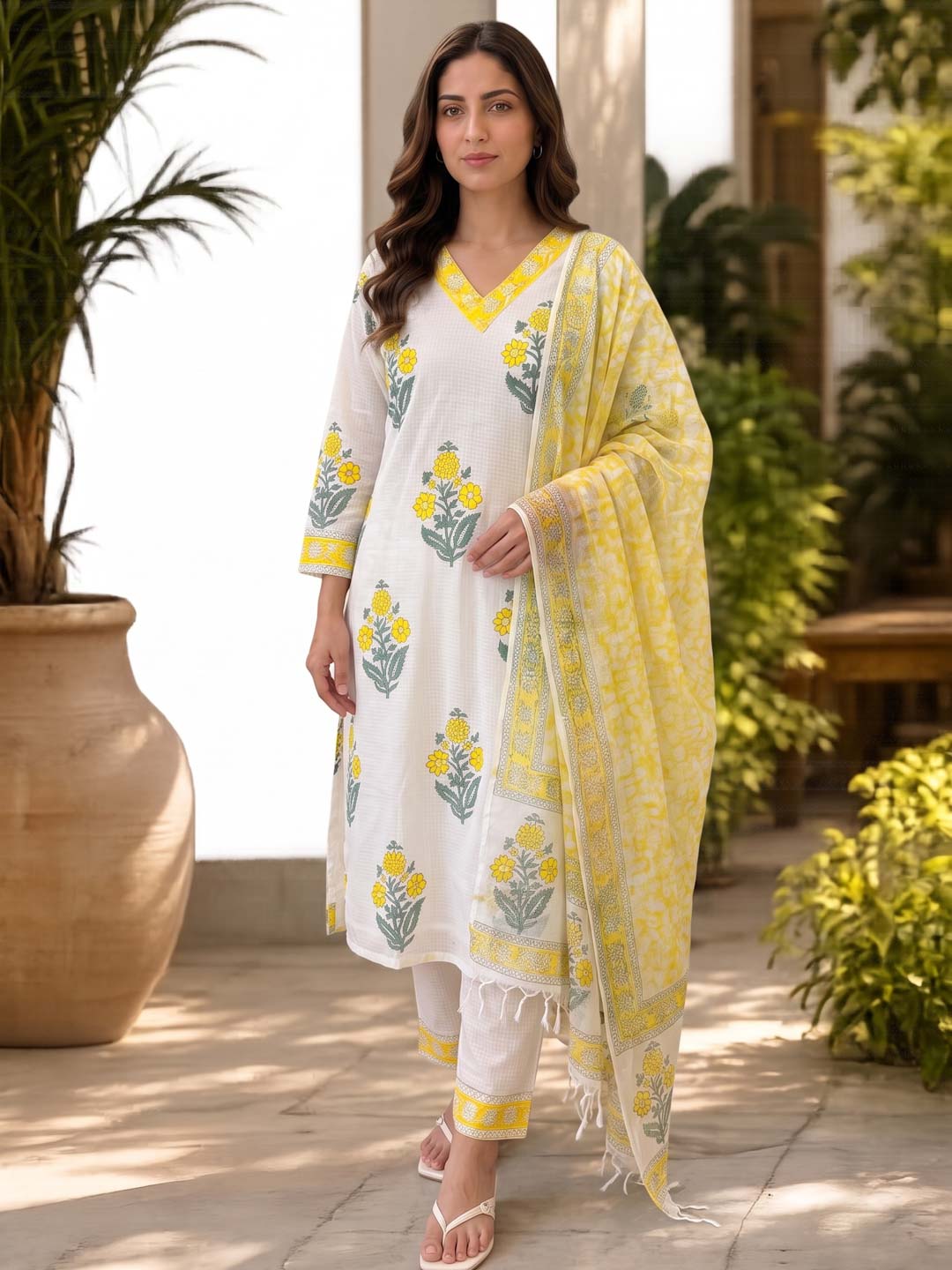 YELLOW & WHITE KOTA DORIA SUIT SET WITH KOTA DUPATTA
