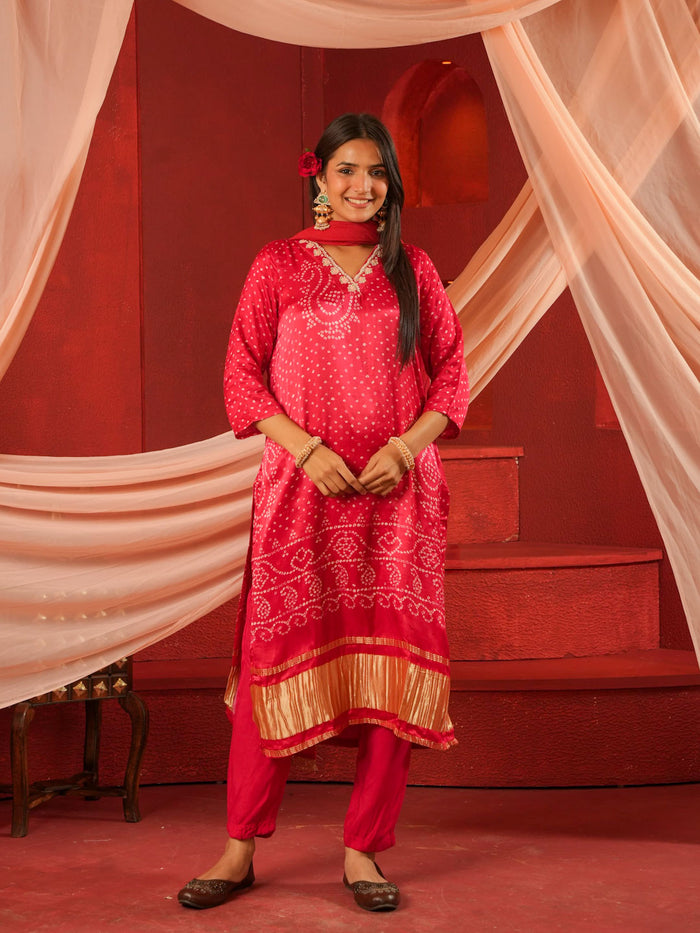 RED BANDHEJ PRINT SUIT SET WITH ORGANZA DUPATTA