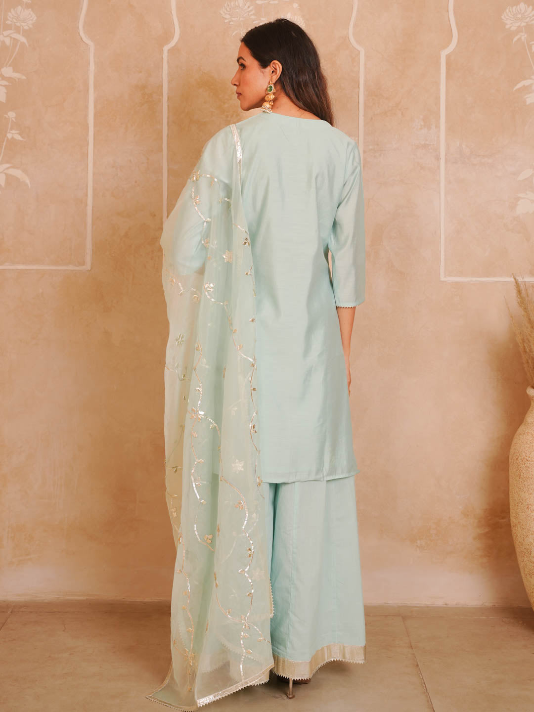 POWDER BLUE CHANDERI SHARARA SET WITH ORGANZA DUPATTA
