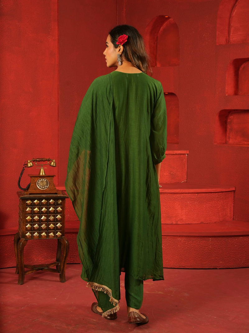 GREEN MUL CHANDERI SUIT SET WITH HEAVY WORK ON NECK
