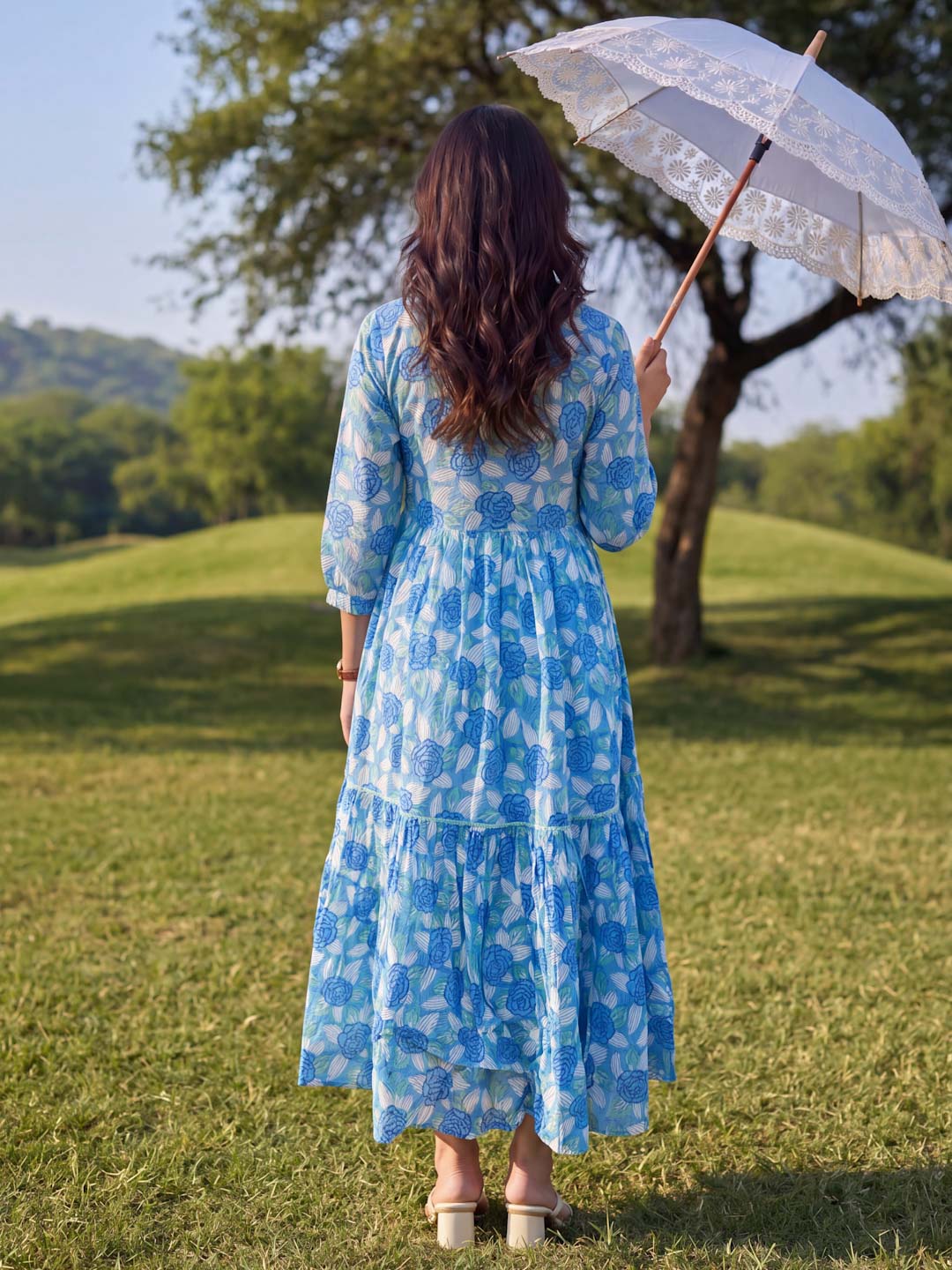 BLUE FLORAL HANDBLOCK COTTON DRESS
