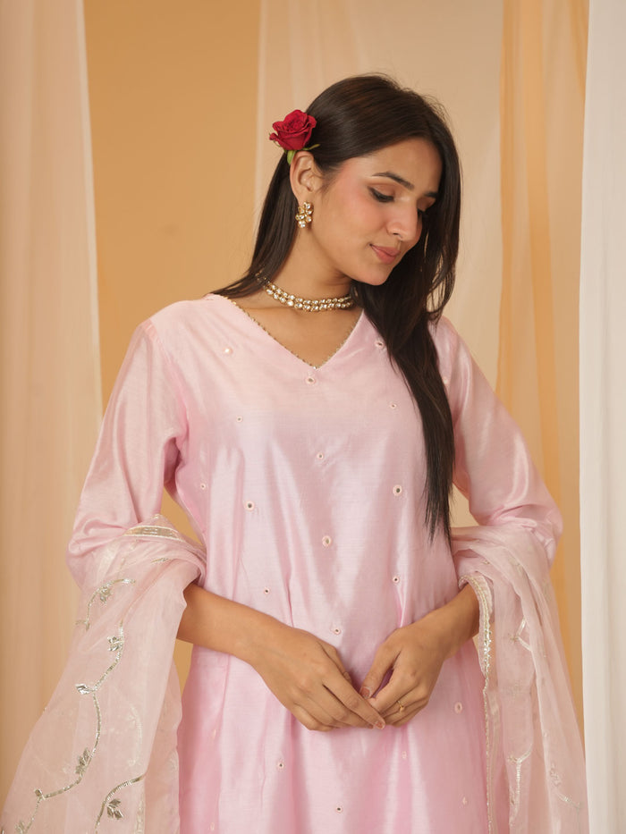 LIGHT PINK CHANDERI SHARARA SET WITH ORGANZA DUPATTA