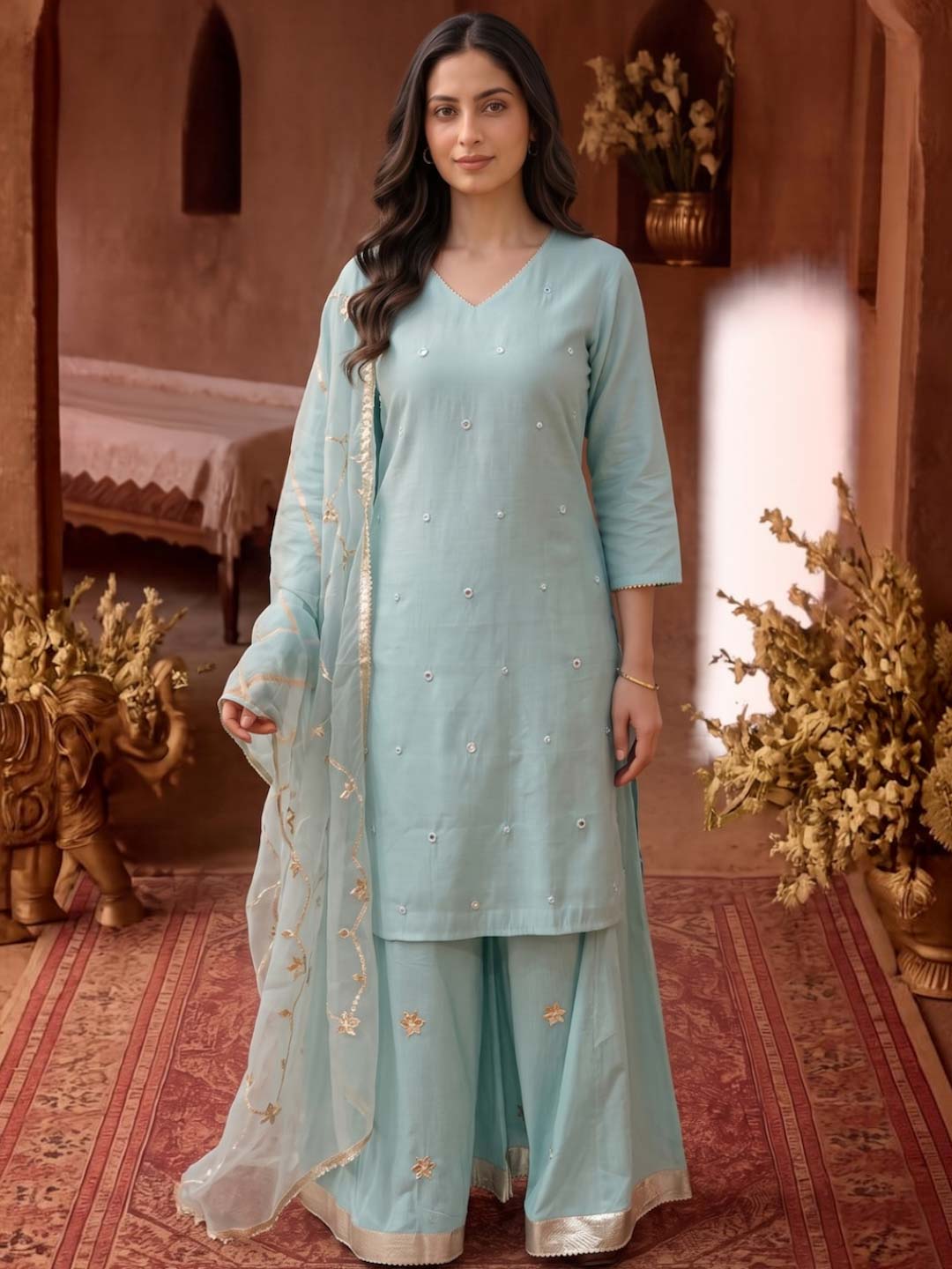 POWDER BLUE CHANDERI PALAZZO SET WITH ORGANZA DUPATTA