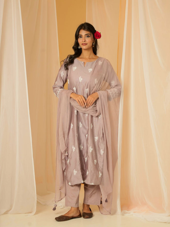 MAUVE CHANDERI SUIT SET WITH EMBROIDERY