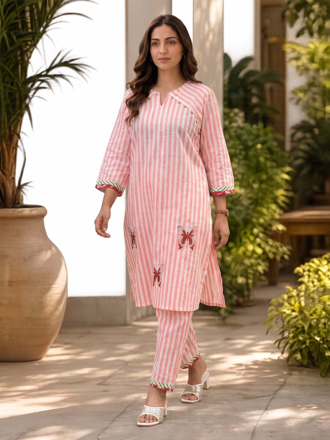 PINK STRIPES COTTON HANDBLOCK CO-ORD WITH PATCHWORK