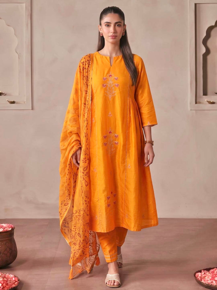 ORANGE CHANDERI SUIT SET WITH PITTAN WORK