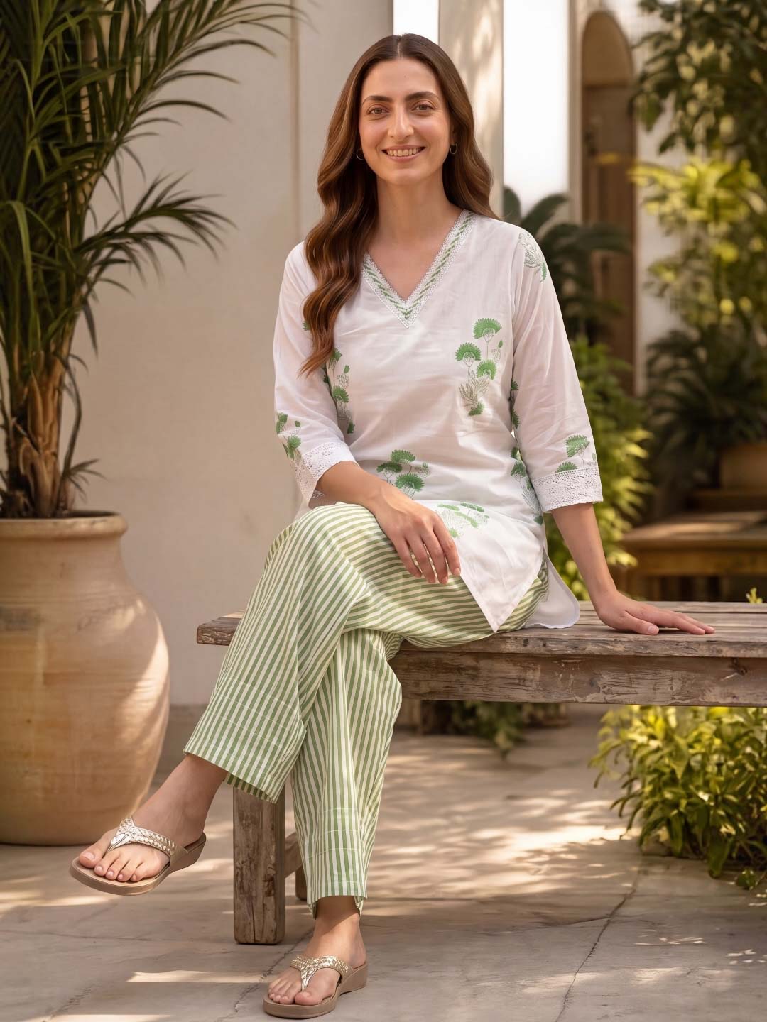 GREEN COTTON HANDBLOCK CO-ORD SET WITH FARSHI PANTS