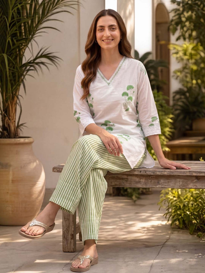 GREEN COTTON HANDBLOCK CO-ORD SET WITH FARSHI PANTS