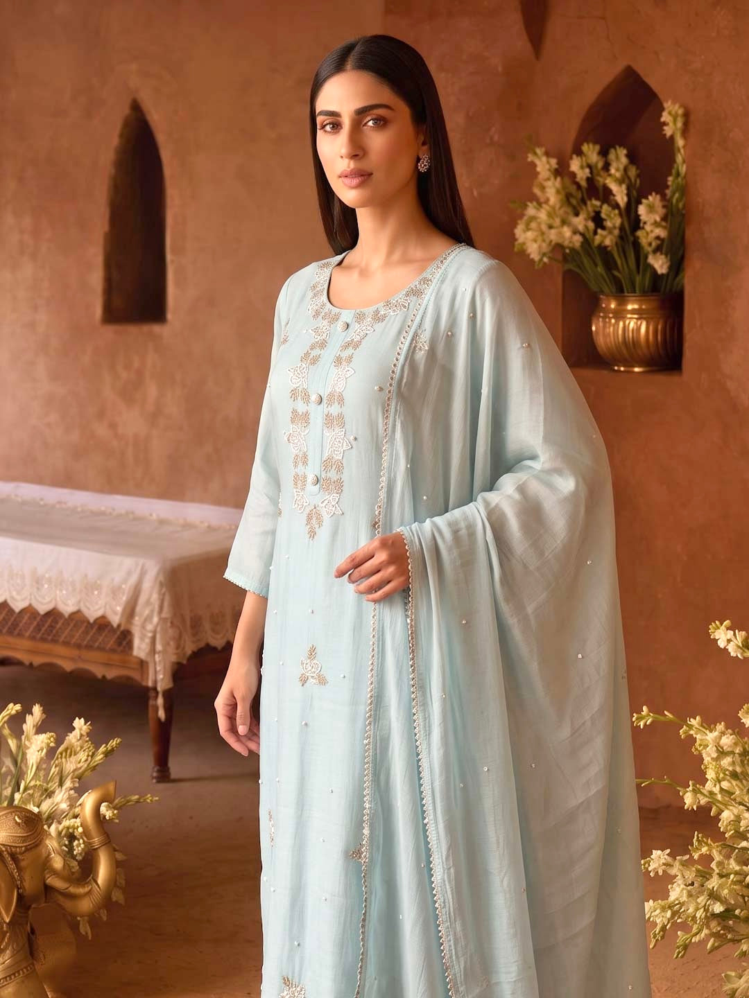LIGHT BLUE CHANDERI HANDWORK SUIT SET