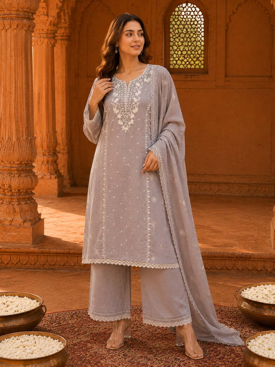 GREY CRUSHED MUL CHANDERI EMBROIDERED SUIT SET