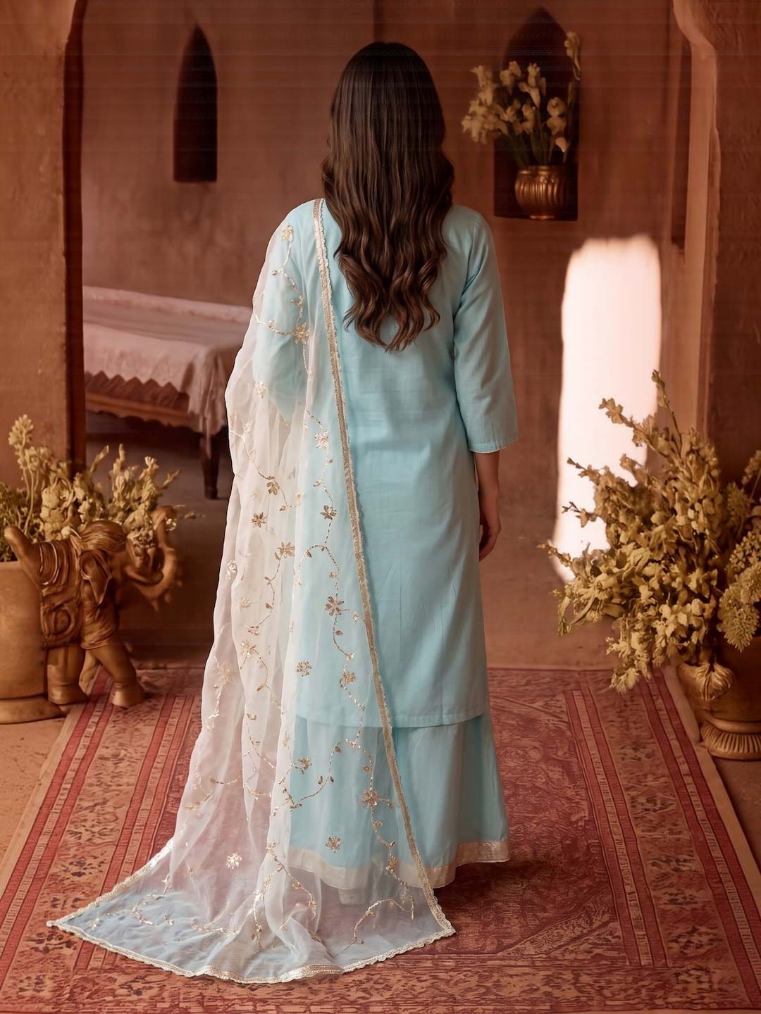 POWDER BLUE CHANDERI PALAZZO SET WITH ORGANZA DUPATTA