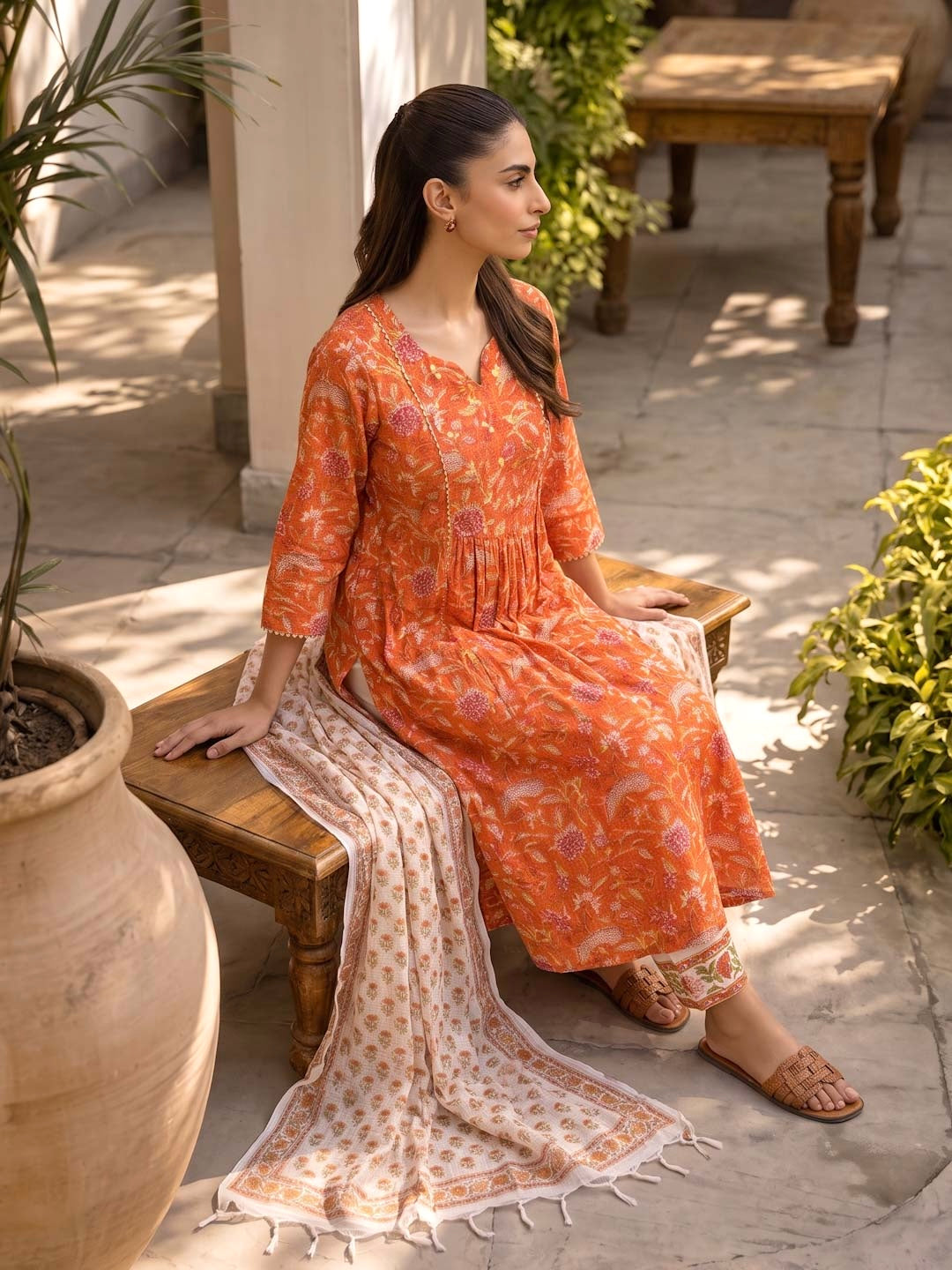 ORANGE KOTA DORIA SUIT SET WITH GOTTA AND HANDBLOCK WORK