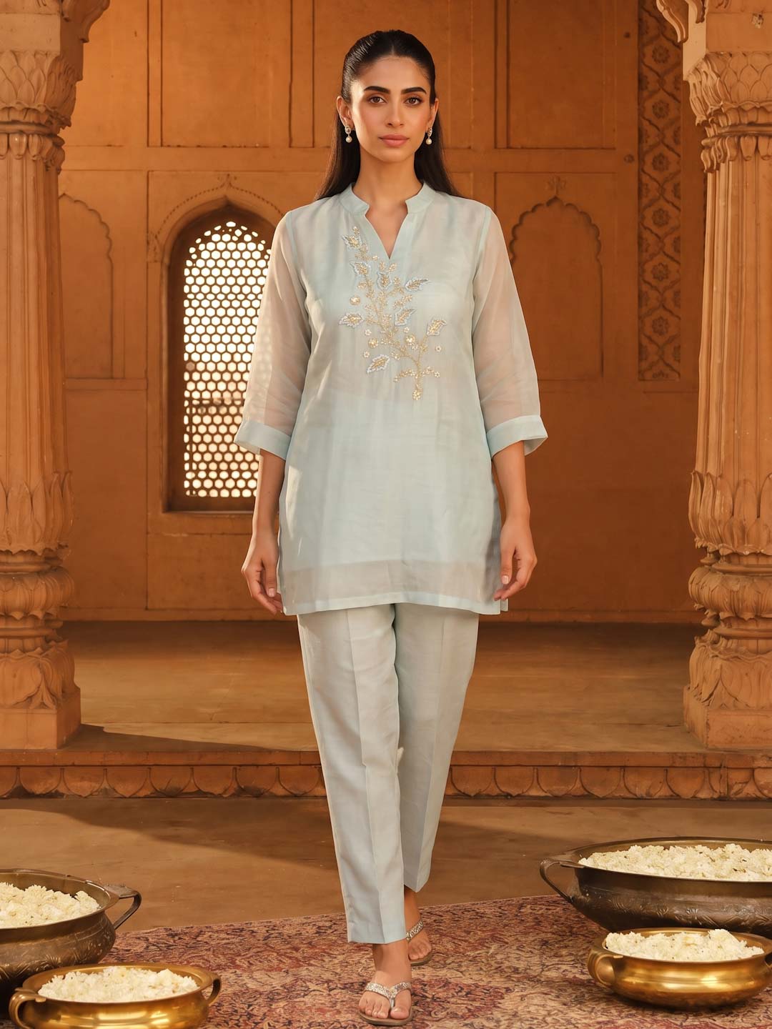 BLUE SHIMMER ORGANZA HANDWORK CO-ORD SET