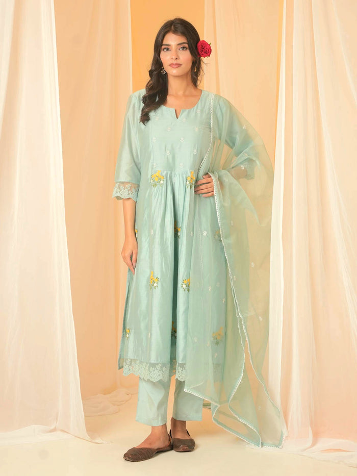 LIGHT BLUE CHANDERI SUIT SET WITH EMBROIDERY