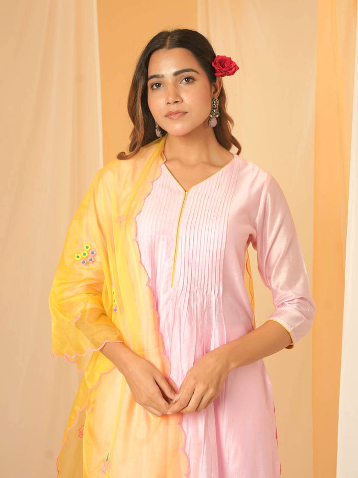 LOTUS PINK CHANDERI SUIT SET WITH ORGANZA DUPATTA