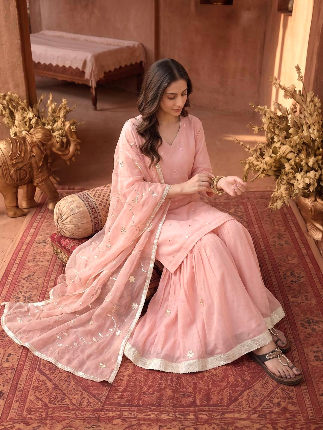 PEACH PINK CHANDERI SHARARA SET WITH ORGANZA DUPATTA