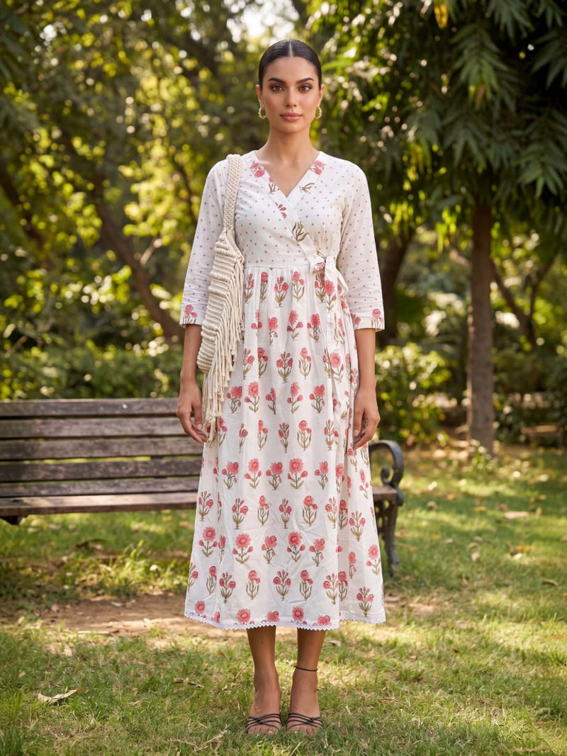 WHITE FLORAL HANDBLOCK DRESS WITH LINING