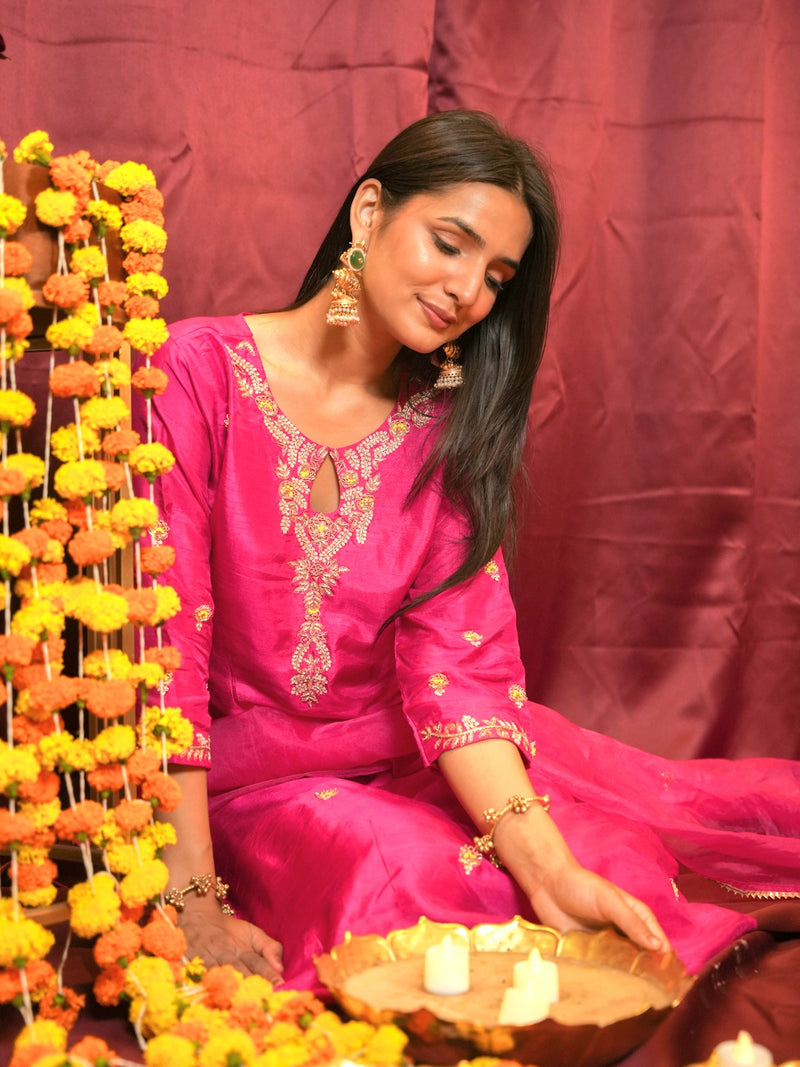 MAGENTA HANDWORK SUIT SET WITH ORGANZA DUPATTA