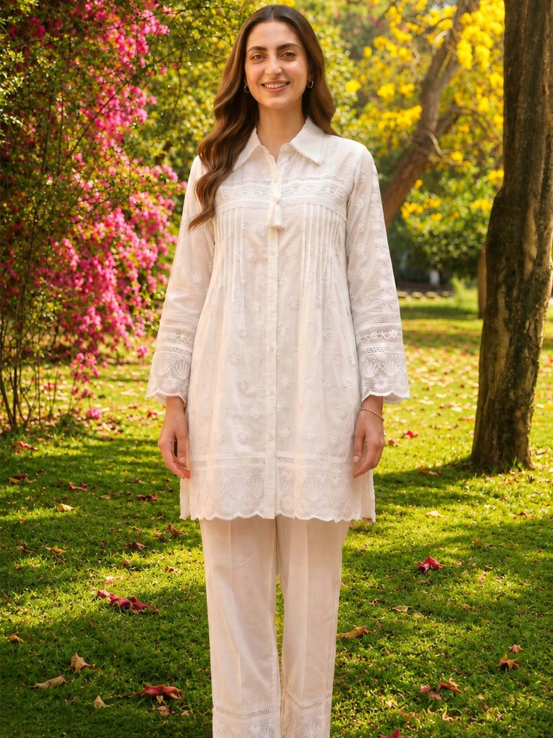WHITE MUL COTTON EMBROIDERD CO-ORD SET