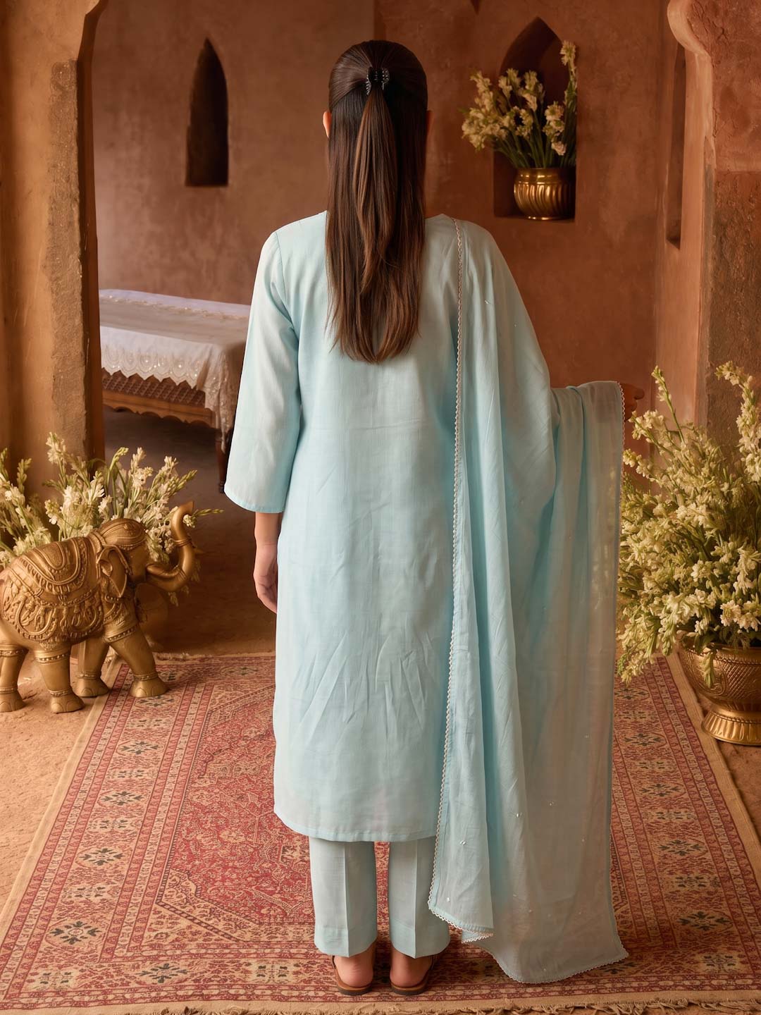 LIGHT BLUE CHANDERI HANDWORK SUIT SET